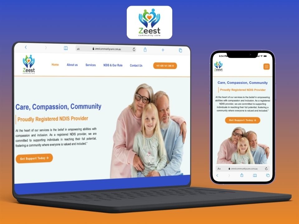Zeest Community Care website mockup on laptop and phone